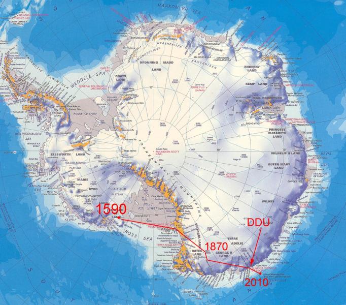Derive du pôle sud magnétique depuis les 1ères mesures